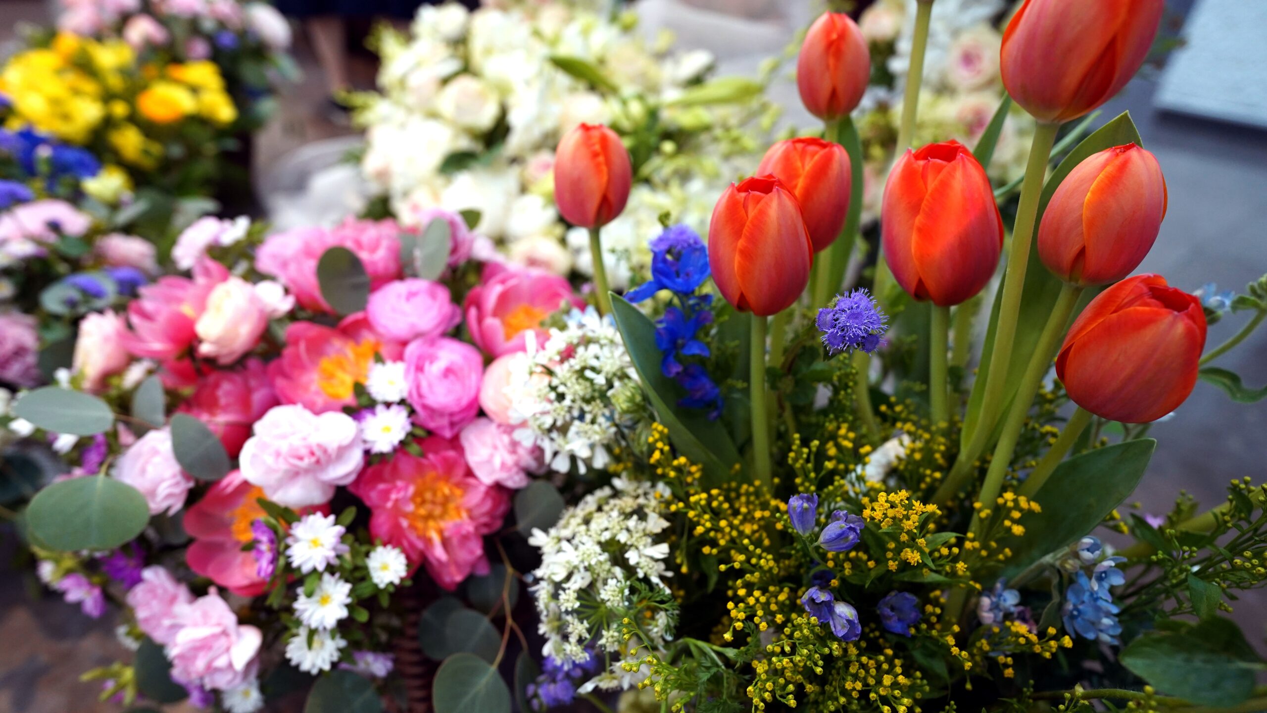 Colorful Spring Floral Arrangement with Tulips and Assorted Flowers,